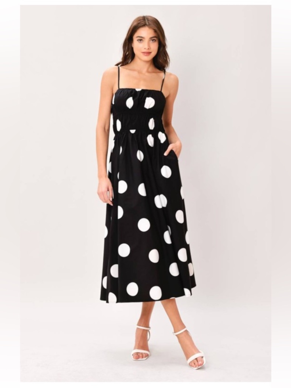 Flying Tomato Polka Dot Midi Dress Black White Smocked Waist Pockets Size S